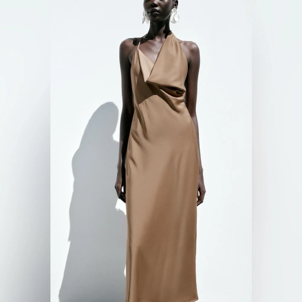 Zara Brown Halter satin maxi Dress evening wedding party cocktail - Picture 6 of 6